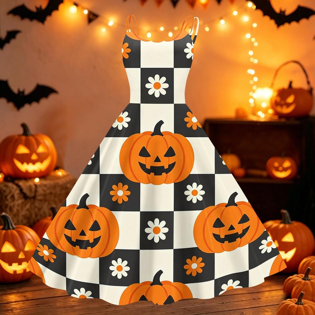 Women Halloween Printed Off Shoulder Vintage Punk Dress Sleeveless Swing Dress Party Dress with Adjustable Straps