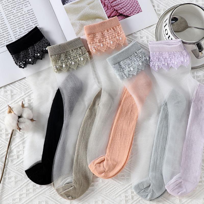 5 Pairs of Women's Summer Super Thin Polka Dot Cotton Sole Anti Hook Embroidered Clear Crystal Stockings