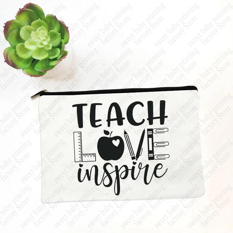 Teach Love Inspire Teacher Makeup Cosmetic Bags  Back To School Gift Beauty Cases Pencil Pouch Organizer Storage Box Mini Purse