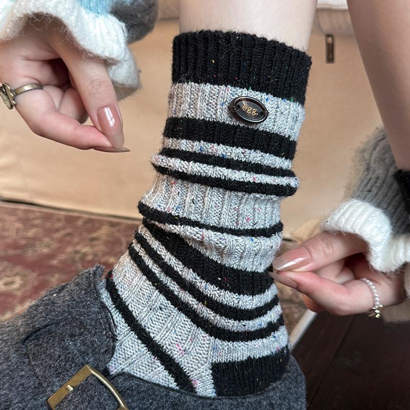Ladies Autumn Winter Thickened Warm Button Striped Wool Mid Barrel Pile Socks