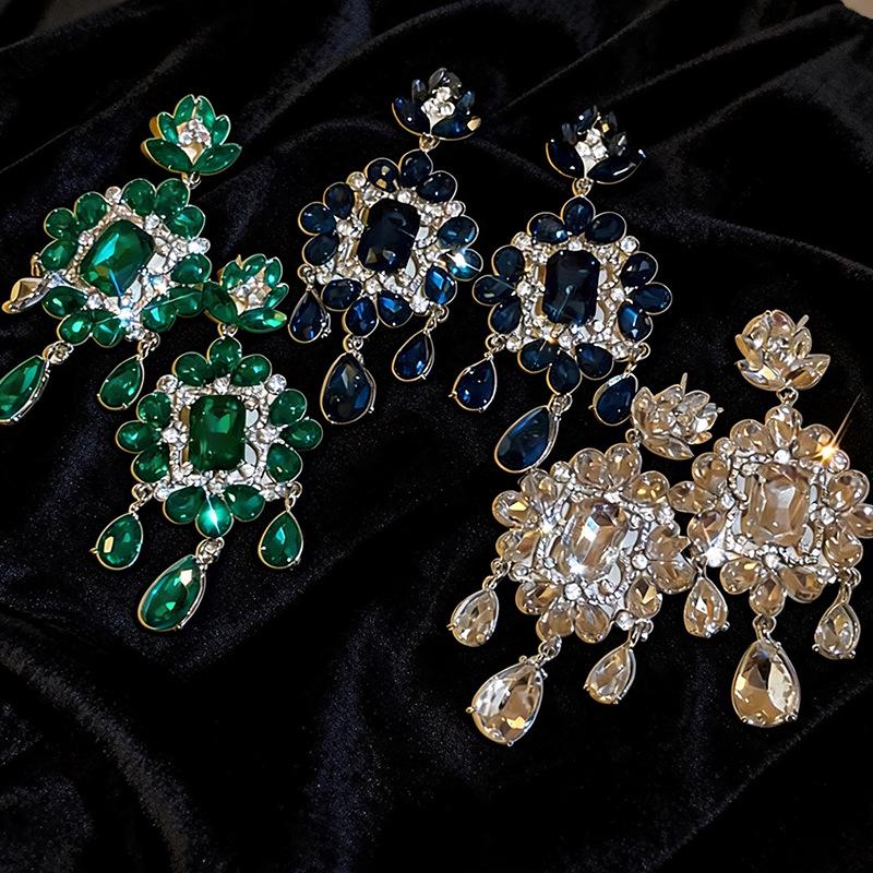 Silver Needle Rhinestone Flower Water Drop Tassel Earrings - Light Luxury High-End Court Style for Women.