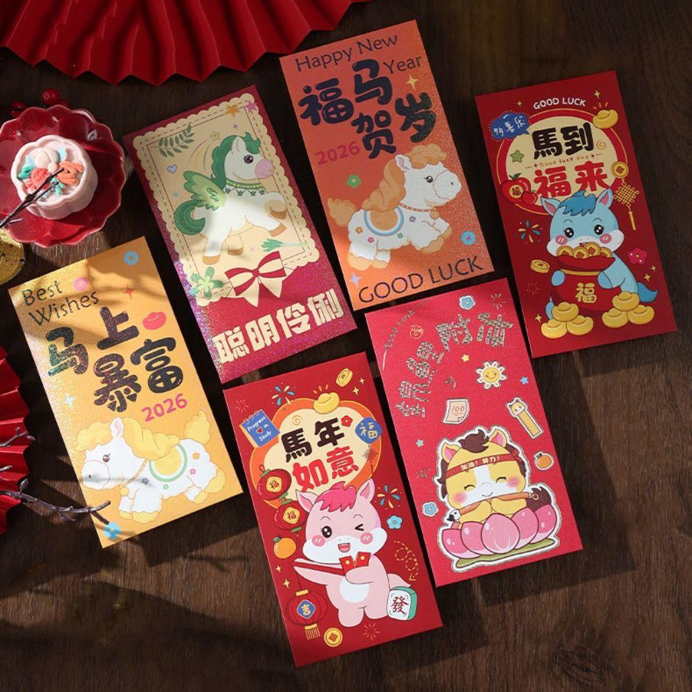 6PCS Paper Horse Year Red Envelope Cartoon Gift Bag New Year Red Envelopes Bless Words Spring Festival Lucky Money Bag