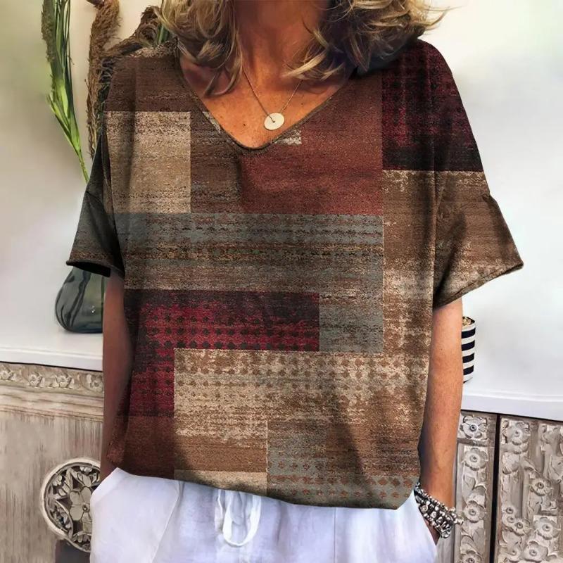 Sommer Kariertes V-Ausschnitt T-Shirt für Damen Lässiges Sweatshirt Neue T-Shirts Harajuku Kleidung Locker Kurzarm Bluse Mode Damenoberteile