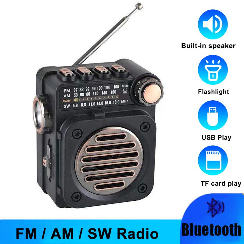 Portable Pocket FM AM SW Radio Speaker Bluetooth Music Player with Flashlight
