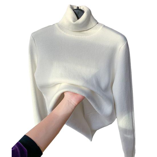 

Вязаные топы женские с длинным рукавом, свитер с высоким воротником, однотонный, утолщенный, на флисовой подкладке, осенне-зимний трикотаж L белый