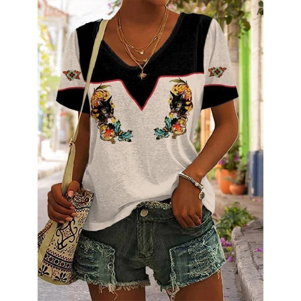 Summer Fashionable High-quality Striped Creative Pattern Women's V-neck Short Sleeved T-shirt Women's Breathable Loose T-shirt