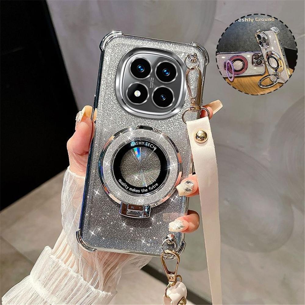 Crossbody Lanyard Glitter Holder Stand Case For Xiaomi Redmi 14C Note 14 15 Pro Plus 15 15C 14S 4G 5G Plating Shockproof Cover