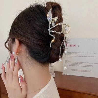 Pinza para el Pelo Retro con Pedrería para Mujer Moda Cadena Metálica Borla Pinza Cangrejo Pasador para el Pelo Accesorios para el Pelo de Niña Joyería de Fiesta