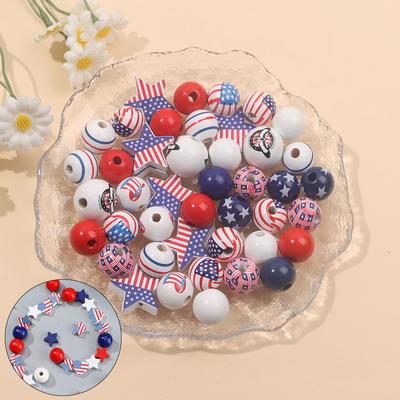 10/30/50pcs Wooden Beads Independence Day Wooden Beads Round Spaced Beads Blue, White, Red Beads Craftsmanship DIY Commemorative Beads