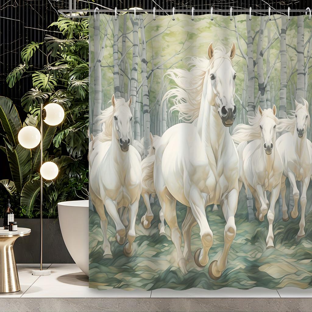 1pc Forest Birch White Running Horse Bathroom Shower Curtain with 12 Hooks, Bath Decor, Bathroom Accessories