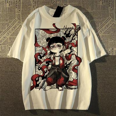 UNISEX Nezha ürünleri T-shirt yazlık saf pamuklu T-shirtler Kadınlar için karikatür rahat t-shirt Kadın Harajuku Büyük Boy Kısa Kollu beyaz y2k Üstler