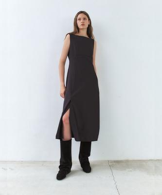 ETDEMAIN Sleeveless Boat Neck Slit Long Dress - Deep Charcoal