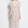 Women's Peter Pan Collar Short Sleeve Lace Sheath Dress High Waist Elegant Long Dress