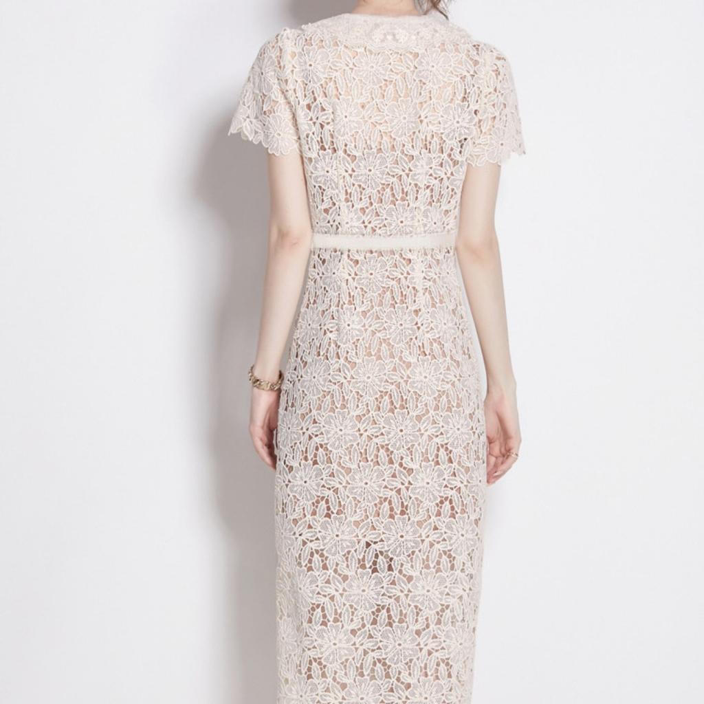 Women's Peter Pan Collar Short Sleeve Lace Sheath Dress High Waist Elegant Long Dress