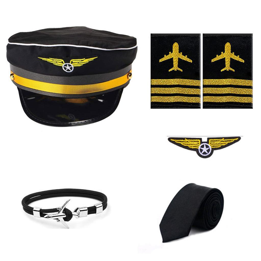Airline-Kapitän Outfits Kapitänshut Uniform Schulterklappen Krawatte Handschuhe Herren Damen Flugbegleiter Stewardess Kostüm