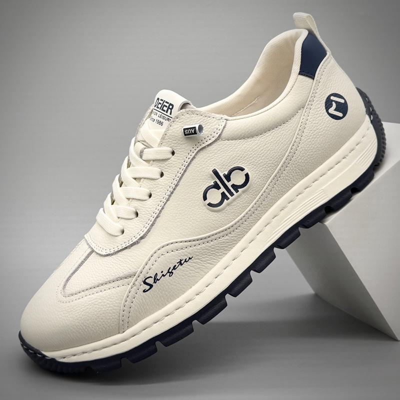 Men s Lightweight Versatile White Leather Sneakers – Trendy Spring Genuine Cowhide Casual Shoes Size 41
