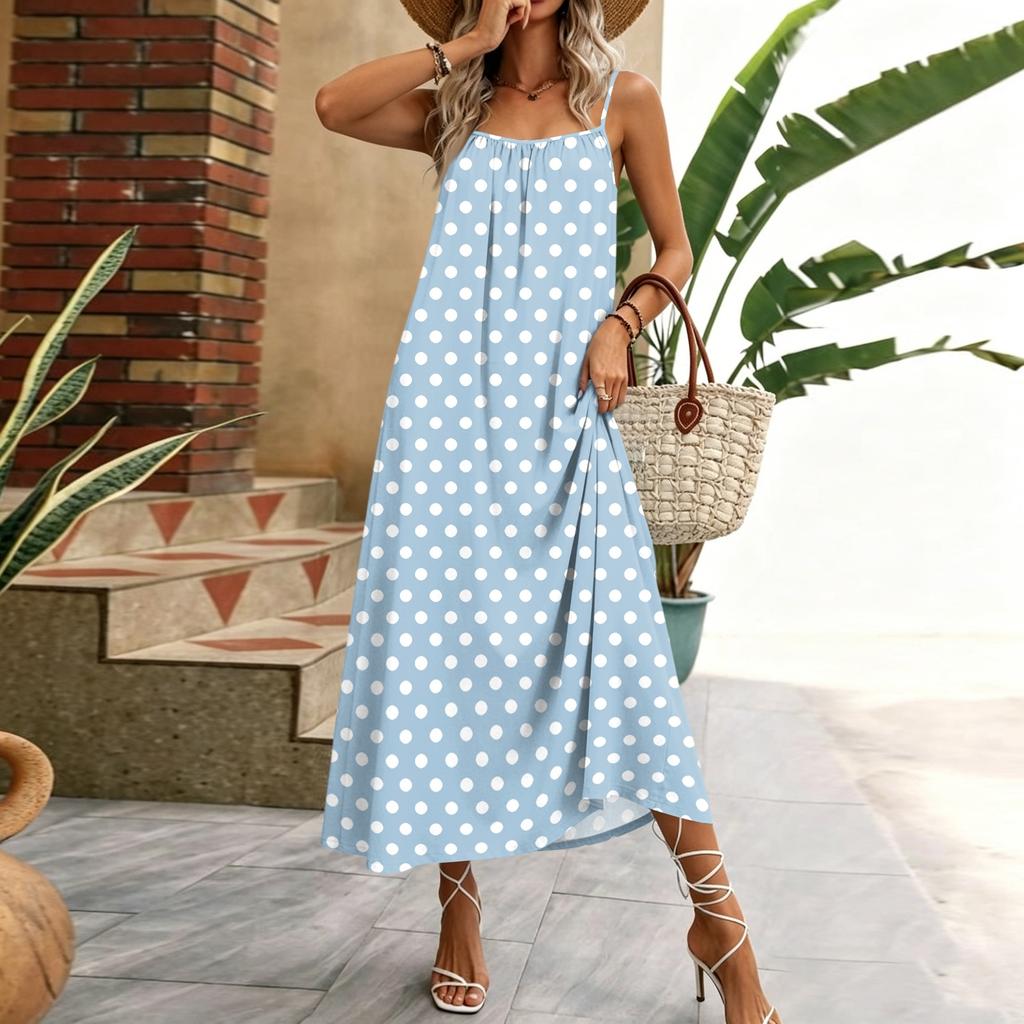 Damen ärmelloses Polka-Dot Maxikleid Sommer lässig langes Kleid mit verstellbaren Spaghettiträgern Leichtes Strandkleid für den Urlaub