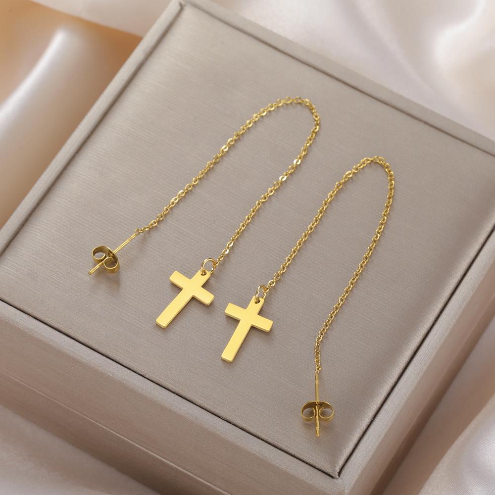 Dawapara Cross Long Earrings for Women Stainless Steel Tassel Earrings Christian Symbol Minimalism Cross Charm Religious Jewelry