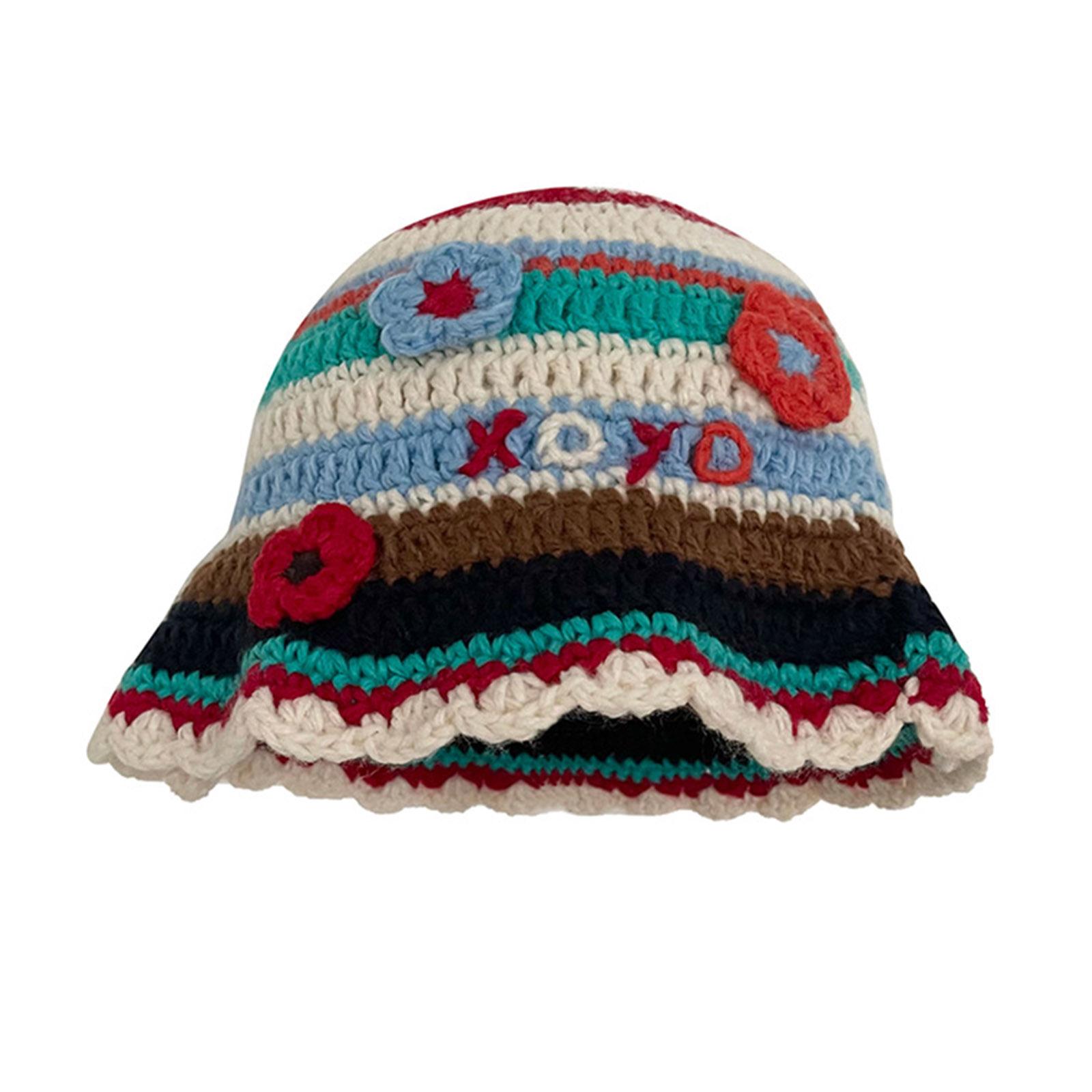 

Вязаная панама для женщин Y2K полосатая шляпа с цветочным узором элегантная вязаная пряжа шляпа модная рыбацкая шляпа подростковый милый головной убор