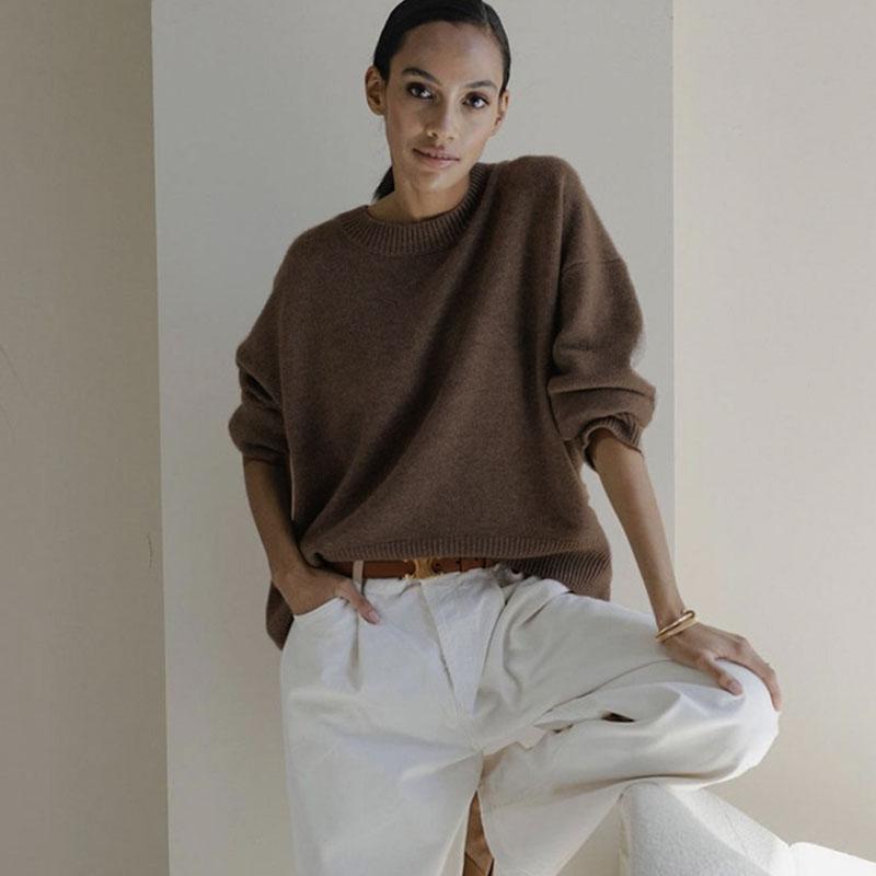 Oversized Autumn Winter Solid Color Round Neck Sweater for Women Basic Knitted Pullover Chic Soft Loose Casual Female Jumper