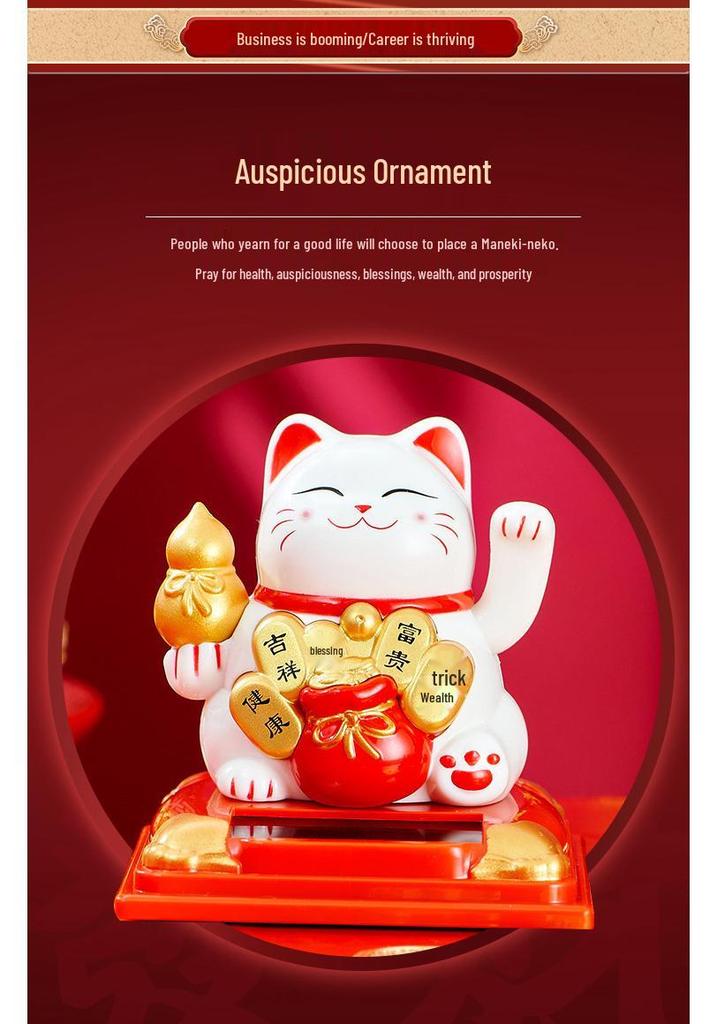 Solar-Powered Waving Lucky Cat Ornament for New Year and Car Dashboard