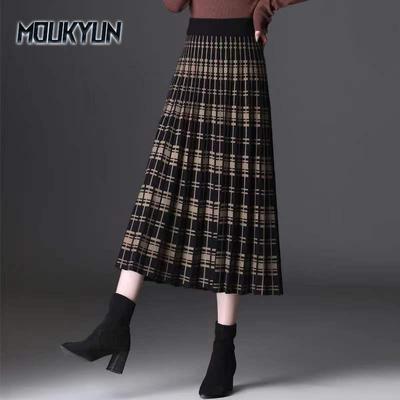 Vintage Fashion Knitting Printing Pleated A-line Skirts Women Classic High Quality Korean All-match Autumn Winter Skirt
