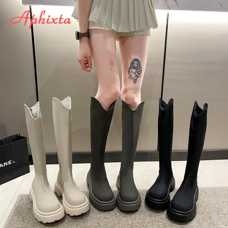 Fashion Aphixta Soft Leather Women Knee Boots Back Zipper Close Platform Modern Autumn Boot Shoes Woman Boats Botines 6CM High Heel Boot