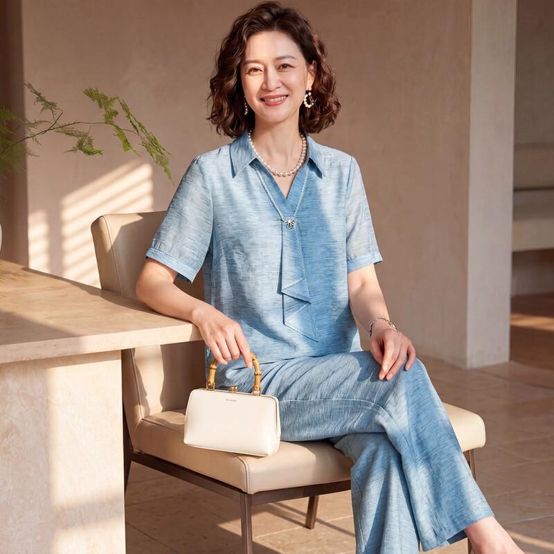 Women's Elegant Tie-Neck Short Sleeve & Wide-Leg Pants Set