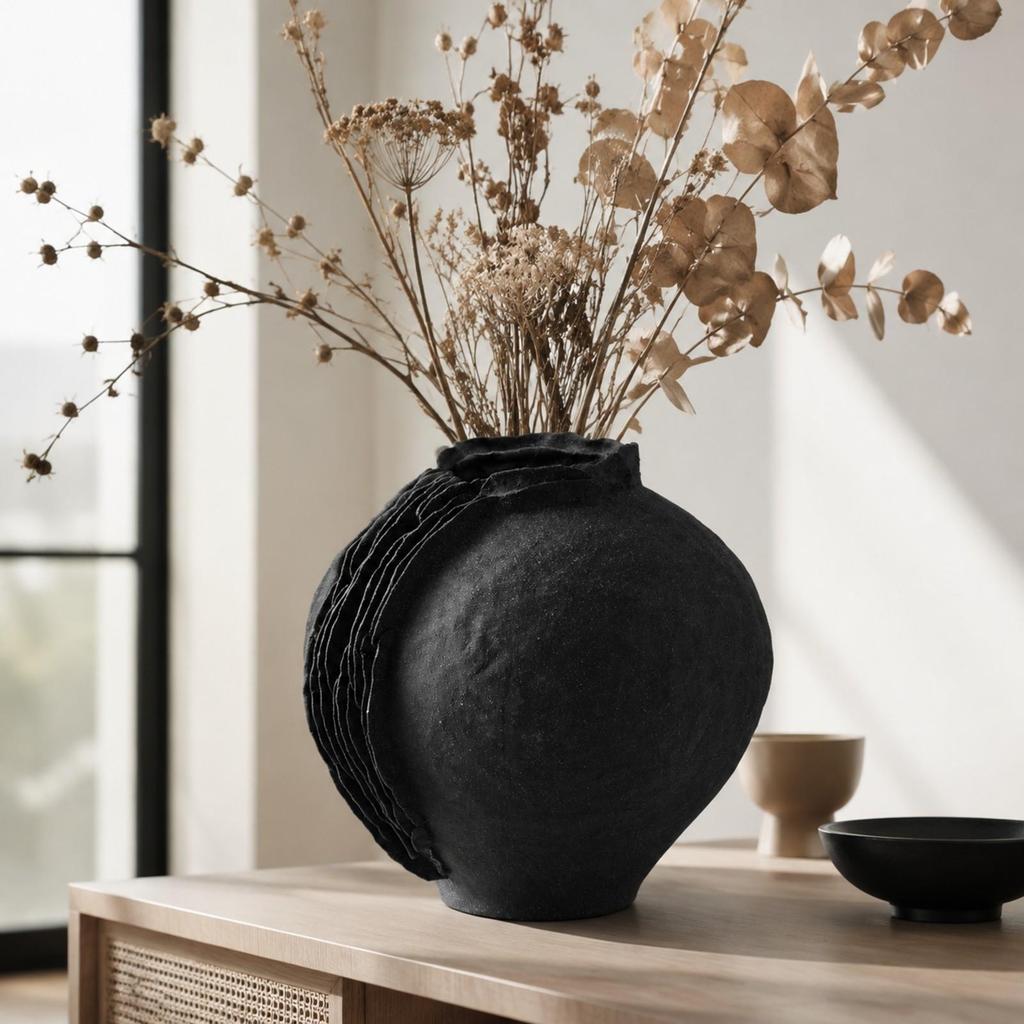 Handmade Matte Black Ceramic Vase Modern Freestanding Flower Hand-Formed