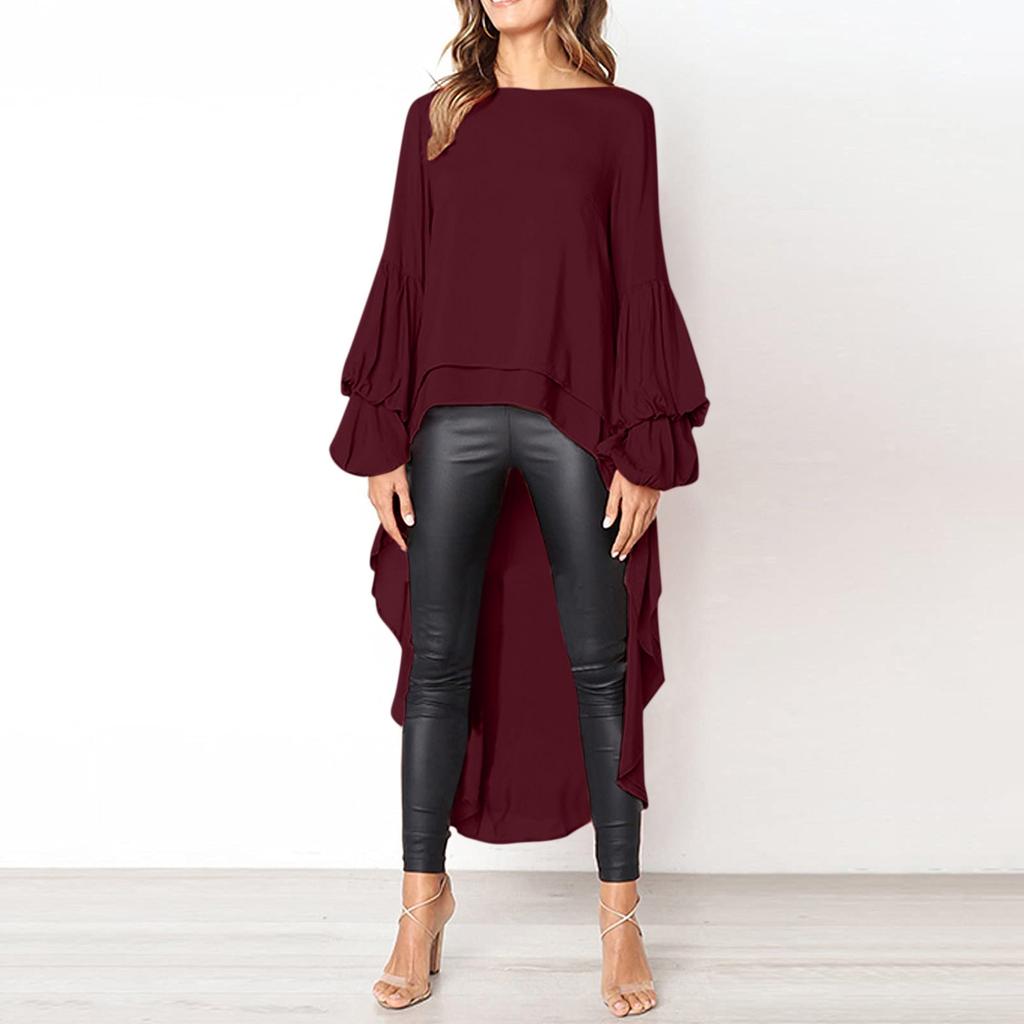 Women's Casual Loose Round Neck Long Sleeve High Hem Irregular Top Shirt