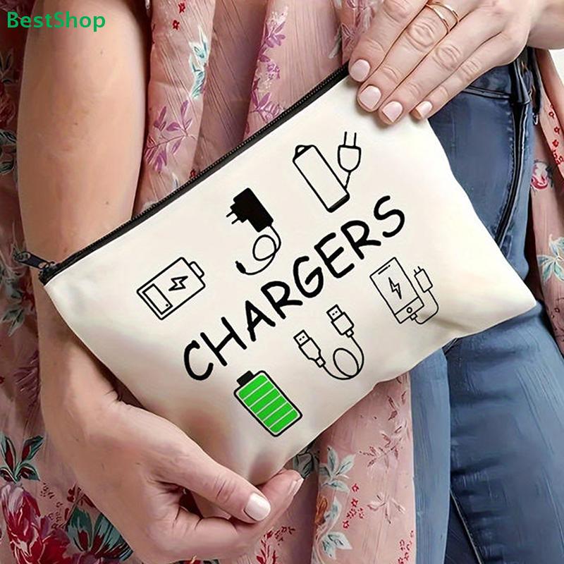 Cute Tech Gadget Pouch – Doodle Print “CHARGERS” Zipper Bag for Cables, Chargers & Earbuds