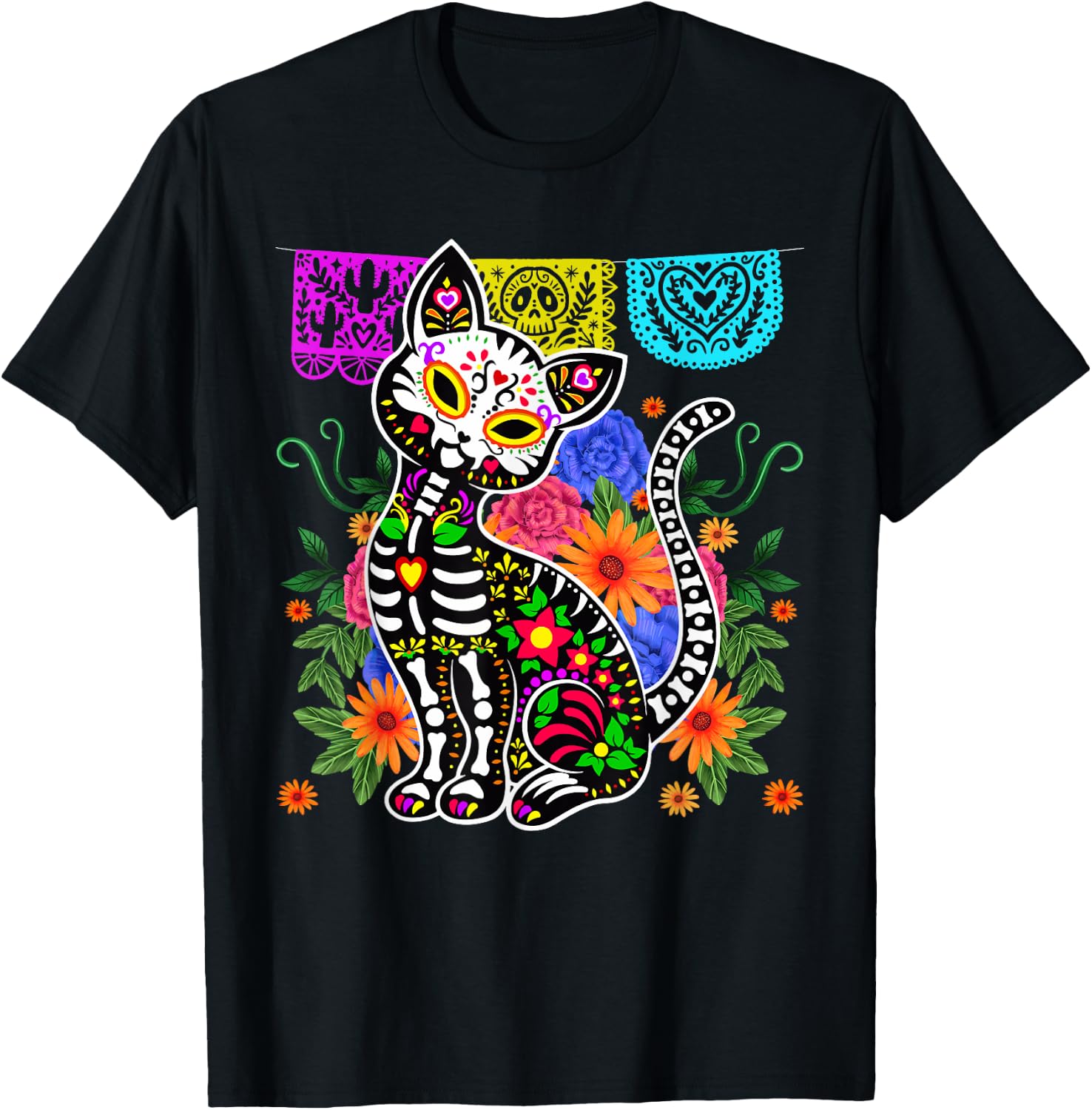Funny Sugar Skull Calavera Cat Dia de Muertos Halloween Day Men Women T-Shirt L