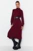 Women's Hijab Dress New Season Fashion Plum Faux Leather Belted High Collar Knitwear Dress