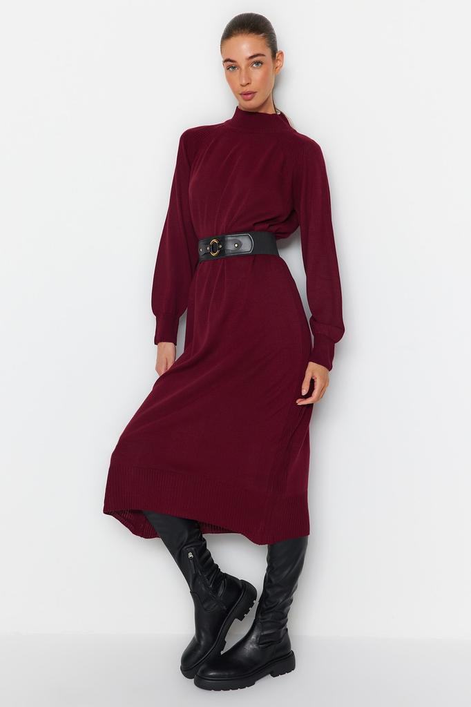 Women's Hijab Dress New Season Fashion Plum Faux Leather Belted High Collar Knitwear Dress