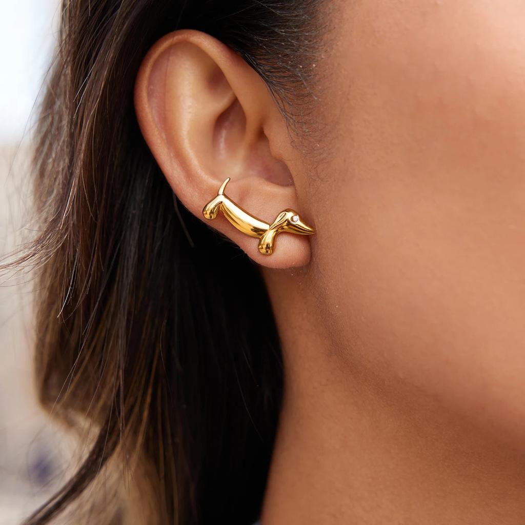 18K Gold-Plated Stainless Steel Dachshund Pendant Ring Necklace Earrings for Women Tarnish Free Waterproof Antihistamine Jewelry