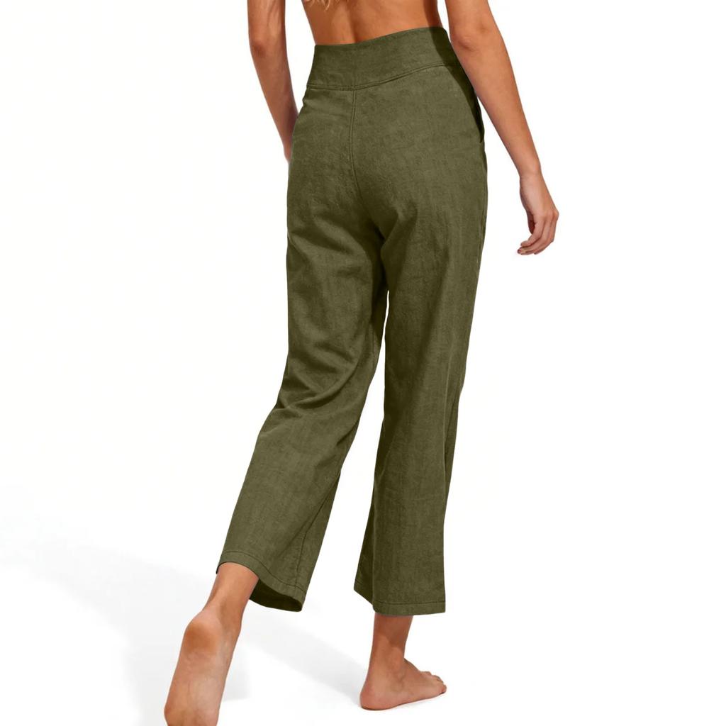 Women's Fashionable Loose-Fit Pocket Cotton-Linen Blend High-Waisted Wide-Leg Pants Casual Cropped Trousers