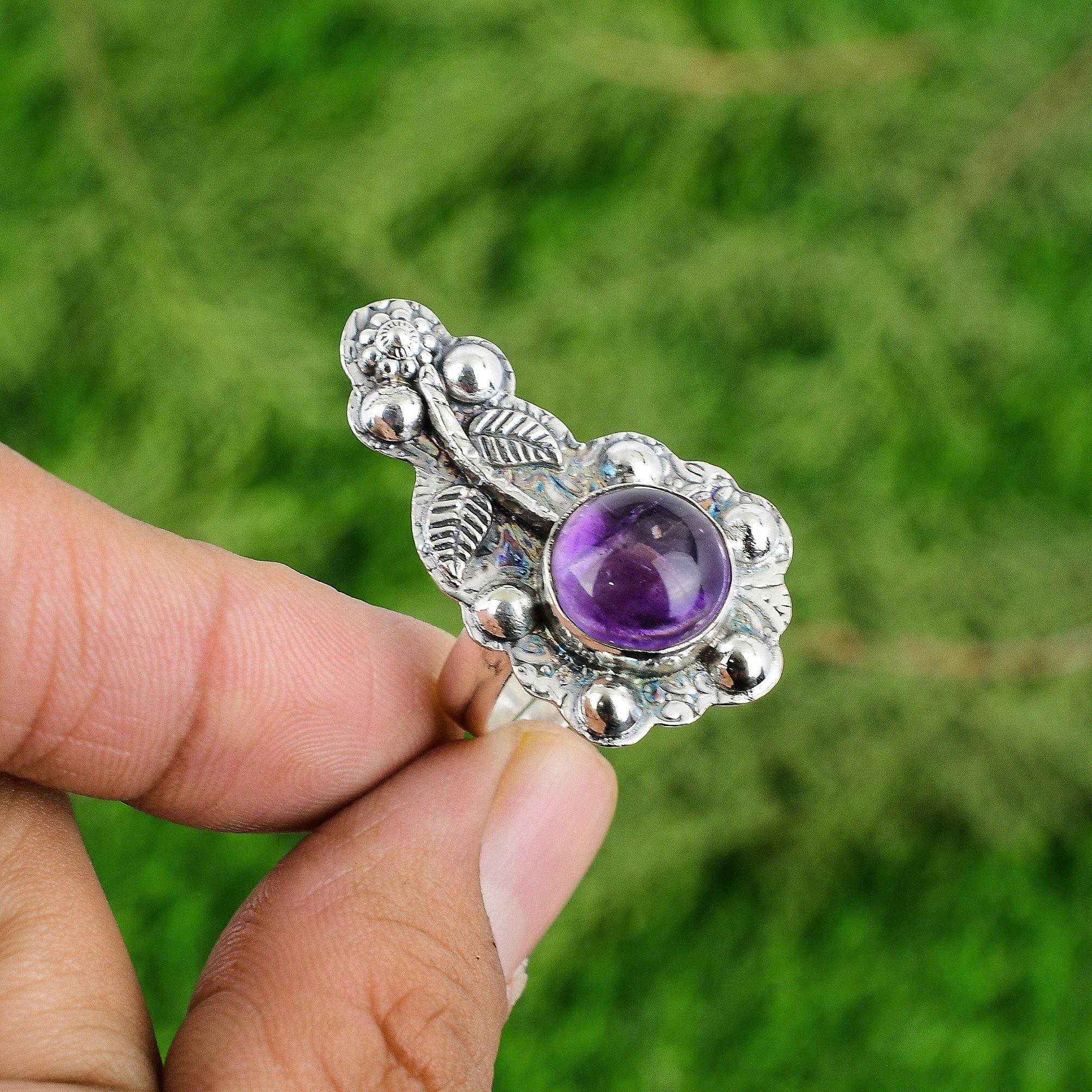 

Sterling Silver Round African Amethyst Gemstone Statement Flower Ring Jewelry Adjustable
