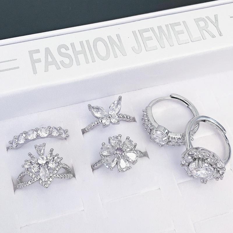 Crown White Diamond Zircon Temperament Retro Personality Adjustable Ring Open Ring Stacked Index Finger Ring