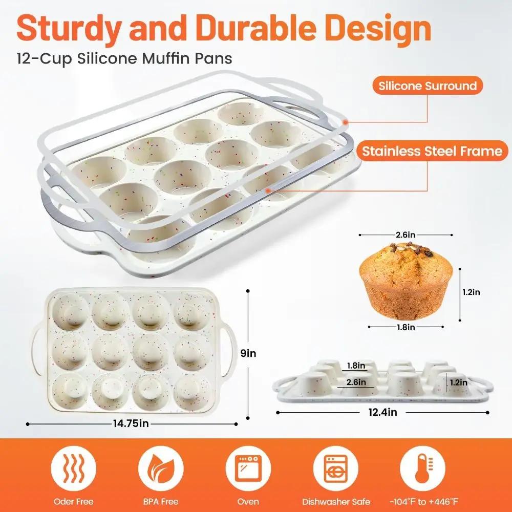 1/2Pack Dishwasher Safe Silicone Muffin Pan Nonstick Metal Reinforced Frame Cupcake Pan 12 Cups Baking Mold Homemade Muffins