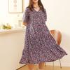 Korean version dress round neck comfortable nightdress women's casual fresh pleated short sleeve floral dress slim dress