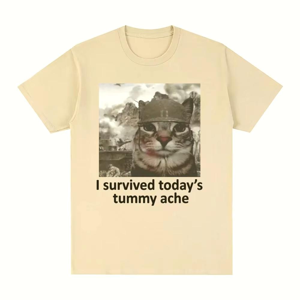 

I Survived Todays Tummy Ache TShirt Funny Cat Creative Printed Short Sleeve TShirt Women Casual Streetwear Summer Soft Clothing 4XL