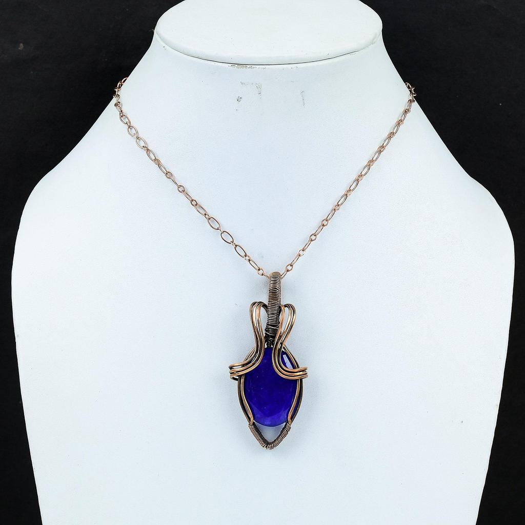Lab-Created Blue Sapphire Gemstone Handmade Pure Copper Wire Wrapped Pendant Jewelry For Memorial Day