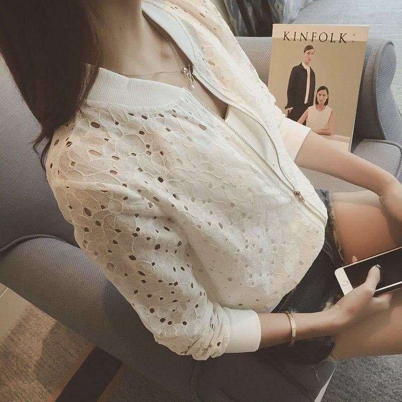 Korean Stylish Thin Long Sleeve Lace Hollow Out Jackets for Female Anti-UV Short Outwear White Bomber Women Clothing