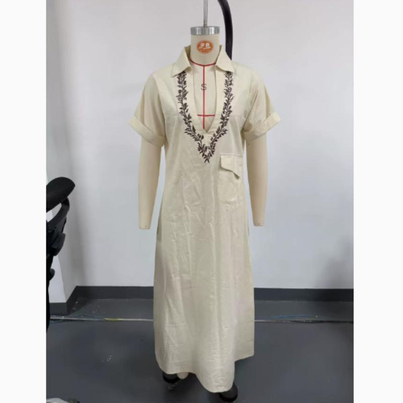 New Short Sleeve Holiday Elegant Party Dress, Women Summer Turn-Down Collar Simple Maxi Dress, Loose Patchwork Ladies Dress