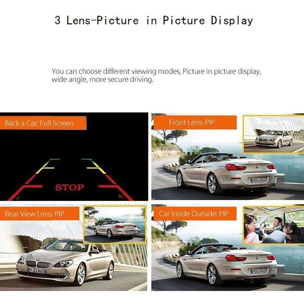 Camecho 3 In 1 4 Inch Car DVR 170 Degree 1080P HD Dash Cam Dual Lens Dashcam with Rear View Camera Car Front Back Inside Video Recorder