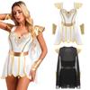 Womens Ancient Roman Bodysuit Toga Costume Integrated Cape Petal Skirt Design Metallic Wristbands Halloween Dress Up