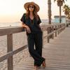 Completo Due Pezzi Donna Scollo a V Manica Corta Vestibilità Larga Pantaloni Colore Abbigliamento Casual