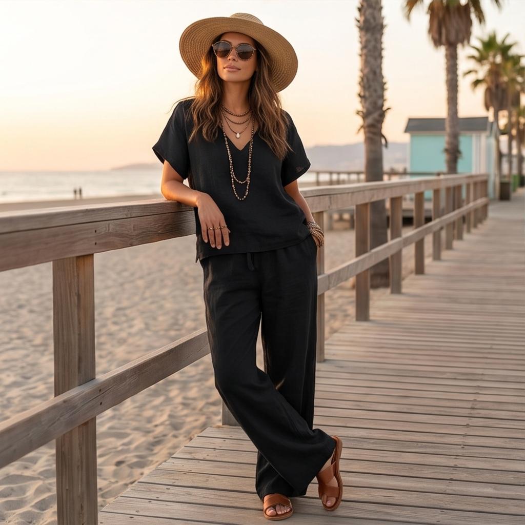 Completo Due Pezzi Donna Scollo a V Manica Corta Vestibilità Larga Pantaloni Colore Abbigliamento Casual