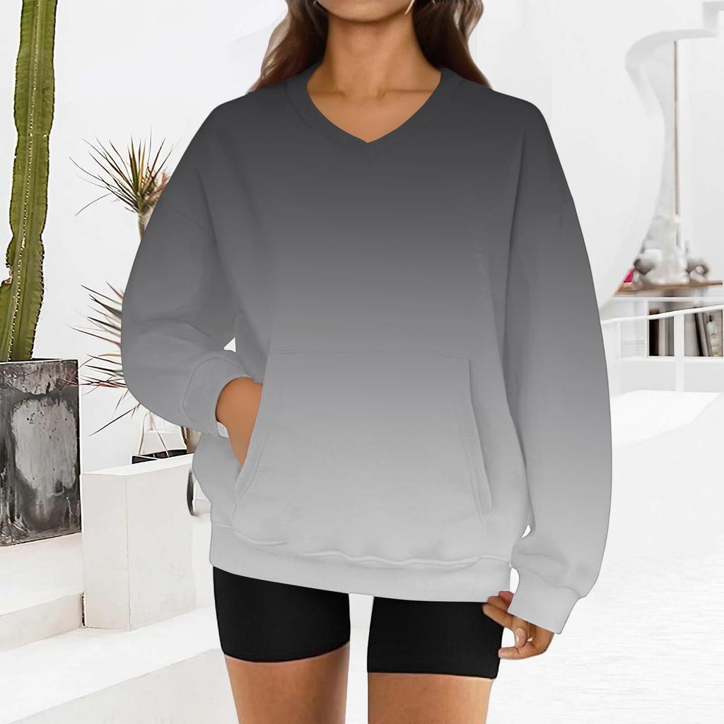Damenmode Sweatshirt mit Farbverlaufdruck, langen Ärmeln und V-Ausschnitt