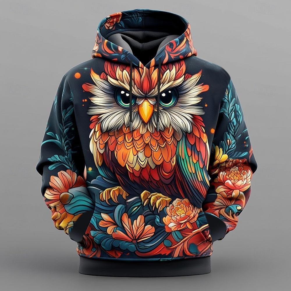 Men's Owl Hoodies Sweatshirt Cool Party Long Sleeve Crew Neck Club Streetwear Black Drawstring Fall Winter Designer